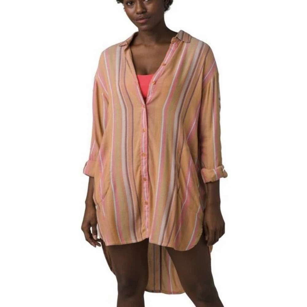 Prana Scheena Tunic Button‎ Front Shirt Cover Up Sz M Peach Stripe Roll Tab